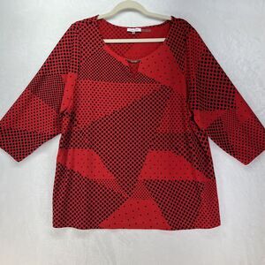 Calvin Klein 3/4 Sleeve Blouse Women’s Sz 2xl Red Flocked Black Dot Career Work
